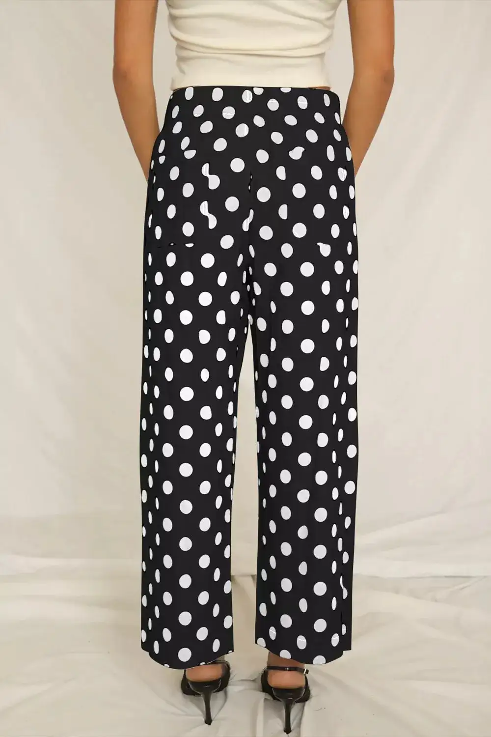 Polka Dot Print Patched Pocket Mid Rise Straight Leg Pants