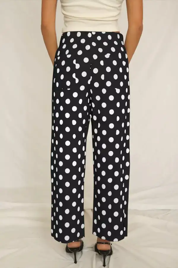Polka Dot Print Patched Pocket Mid Rise Straight Leg Pants