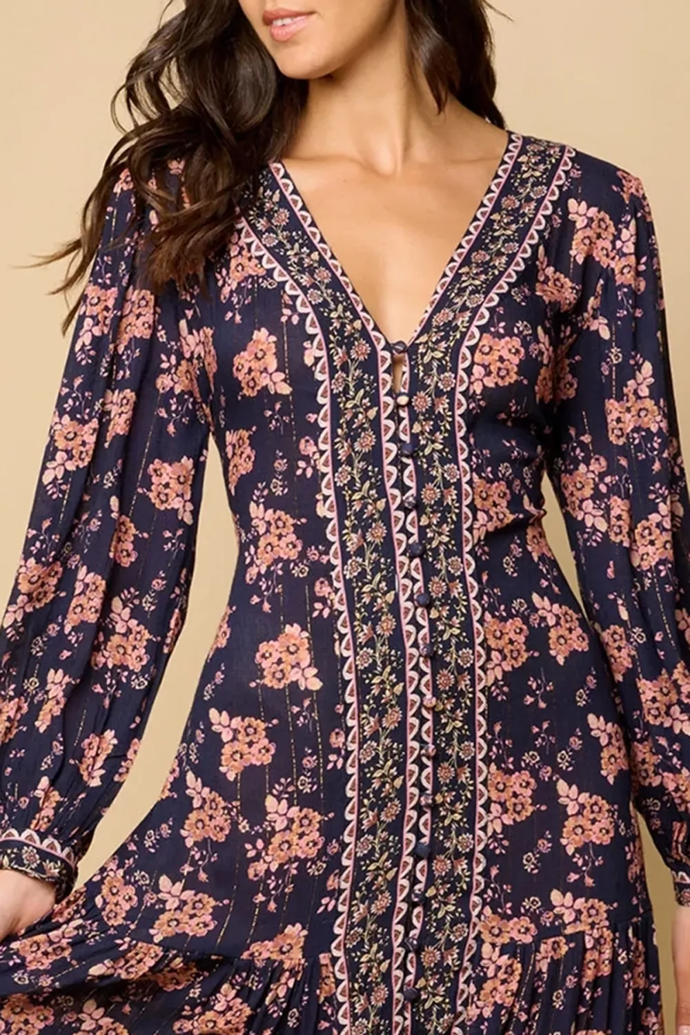 Navy And Pink Floral Print Long Sleeve Maxi Dress