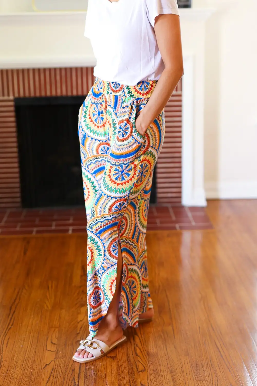 Mandala Smocked Waist Side Slit Palazzo Pants