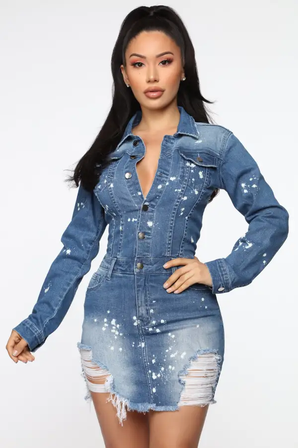 Do Some Damage Denim Mini Dress - Medium Dark