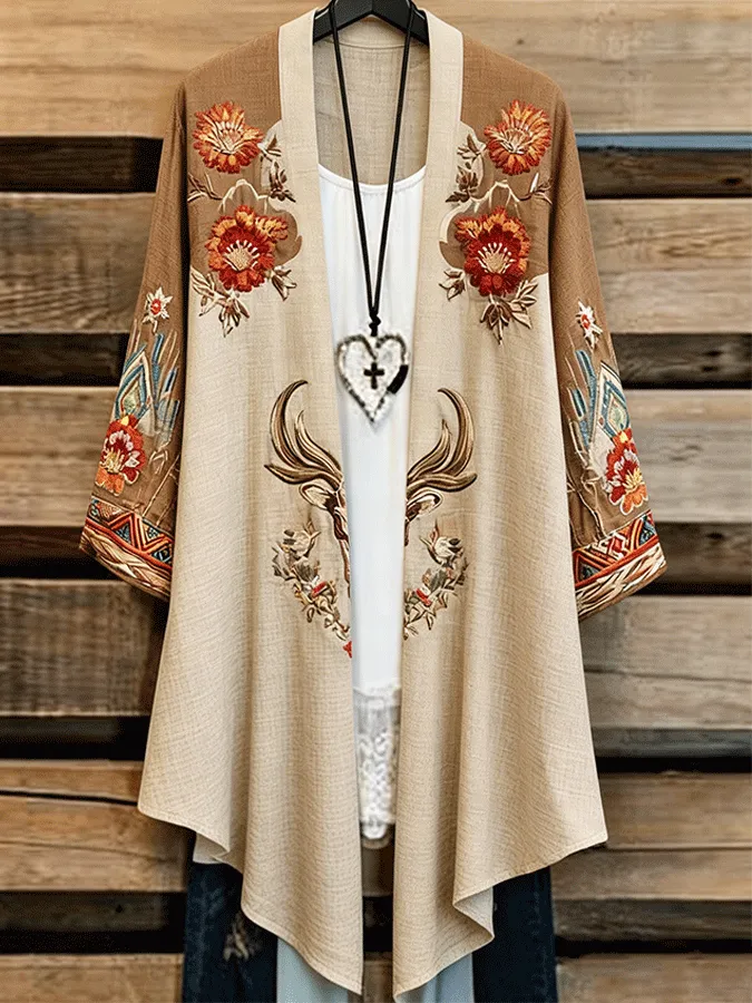Women's Retro Flower And Cow Head Bone Embroidery Open Cardigan