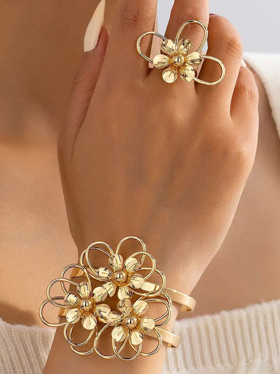 Floral Cutout Bracelet And Bracelet And Ring Set