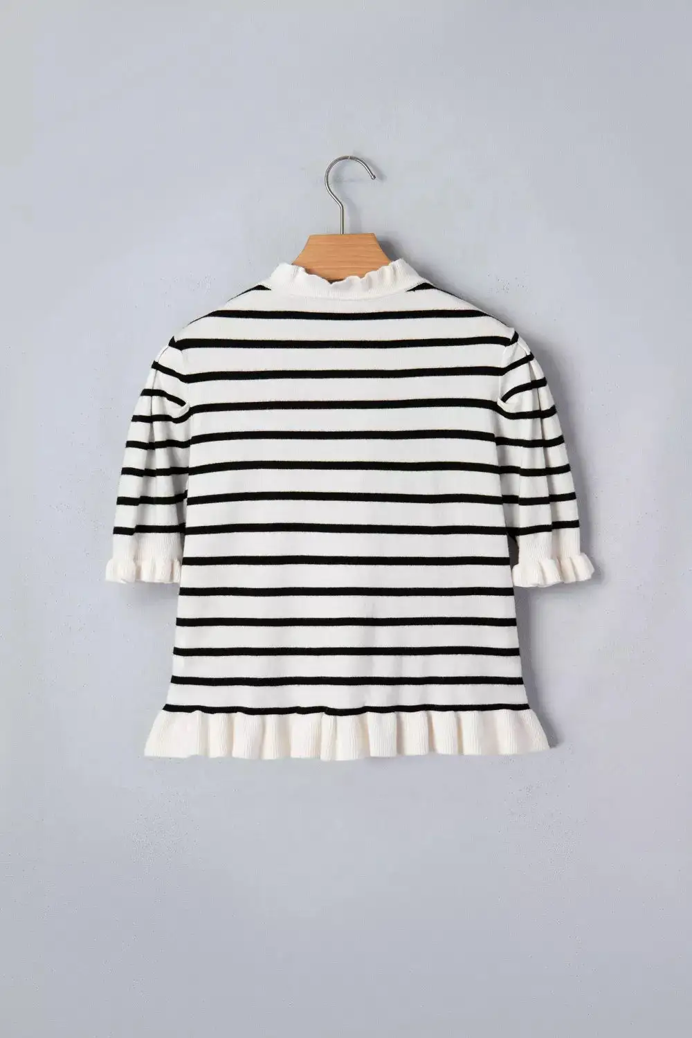 Stripe Ruffle Trim Button Down Knit Short Sleeve Sweater Cardigan