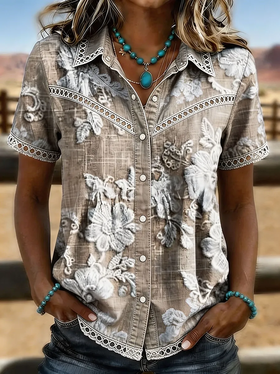 Women's Vintage Floral Embossed Lace Trim Western Short Sleeve Shirt