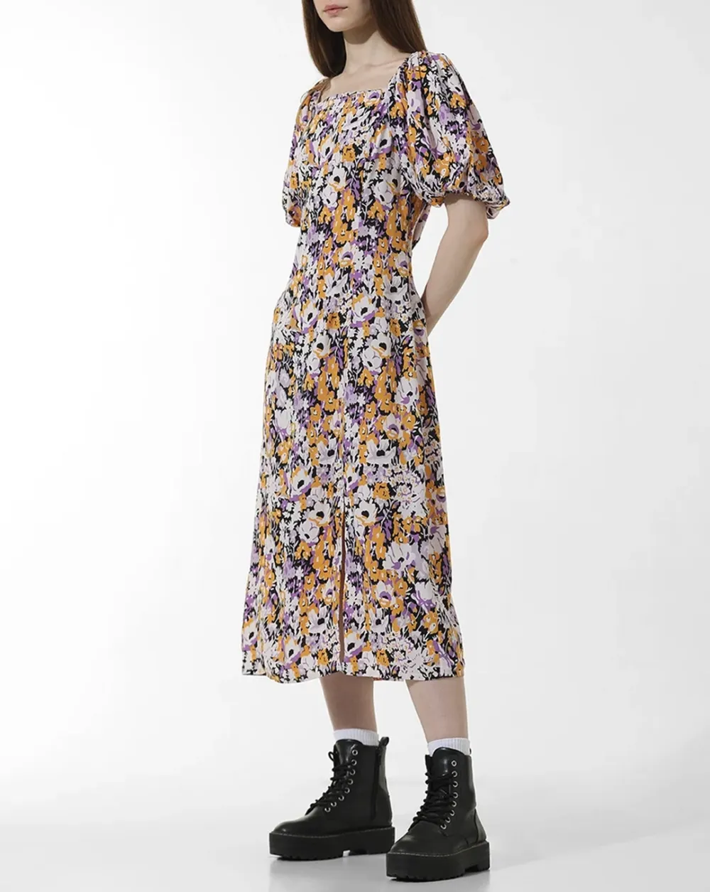 Square-Neck Puff-Sleeve Floral-Print Midi Dress