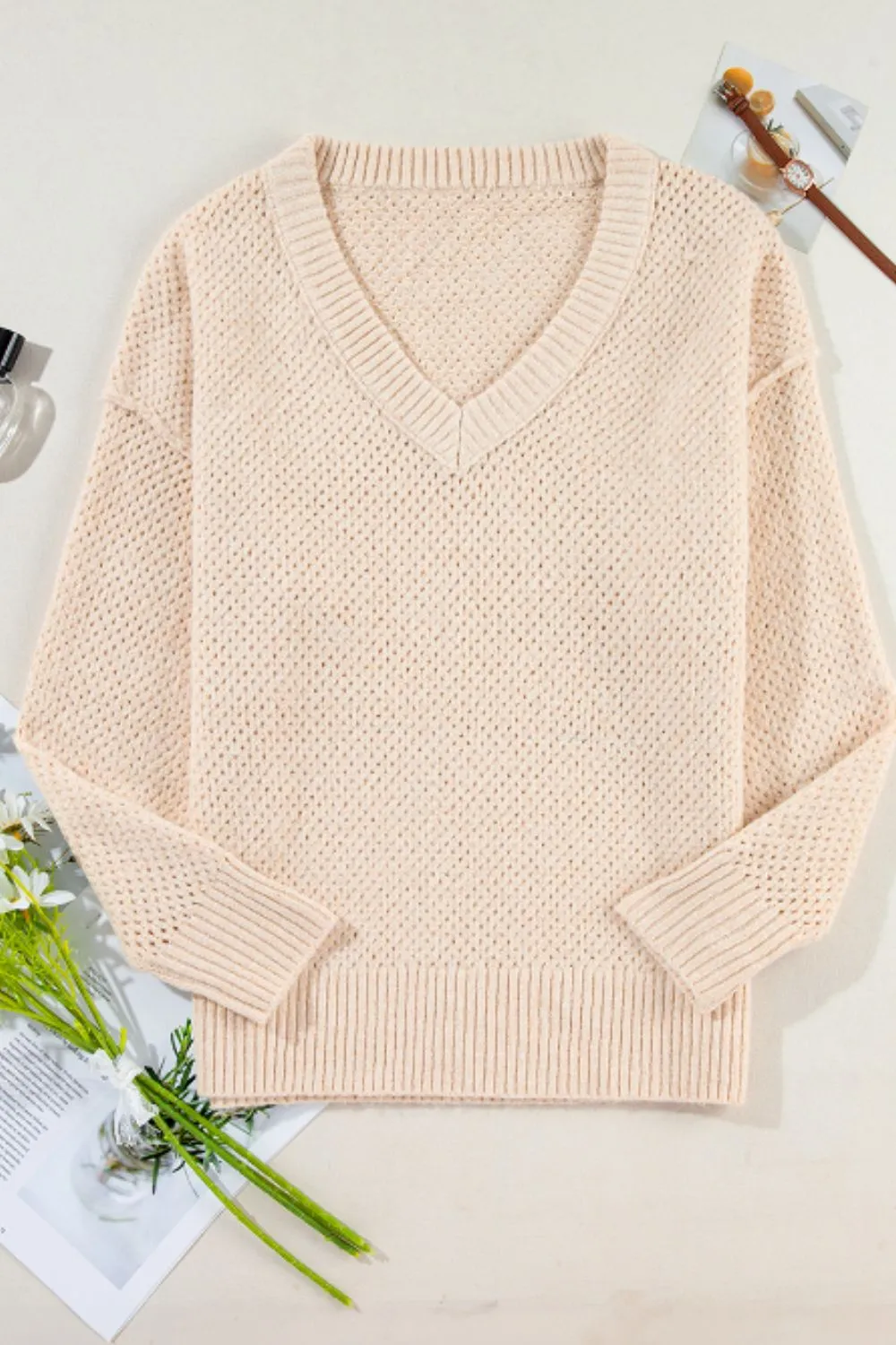 V-Neck Dropped Shoulder Long Sleeve Sweater -Ships 11/9