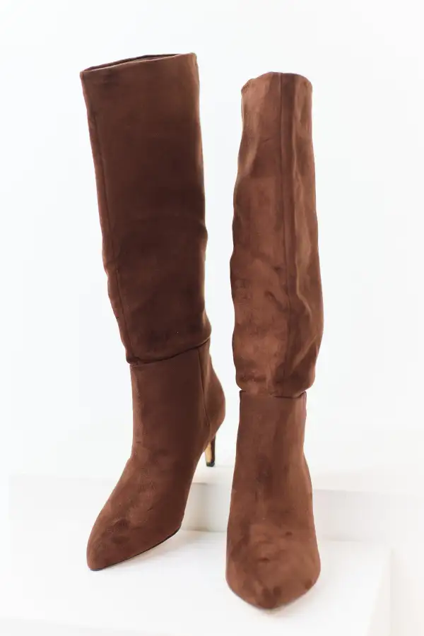 Faux Suede Pointed Toe Heeled Boots