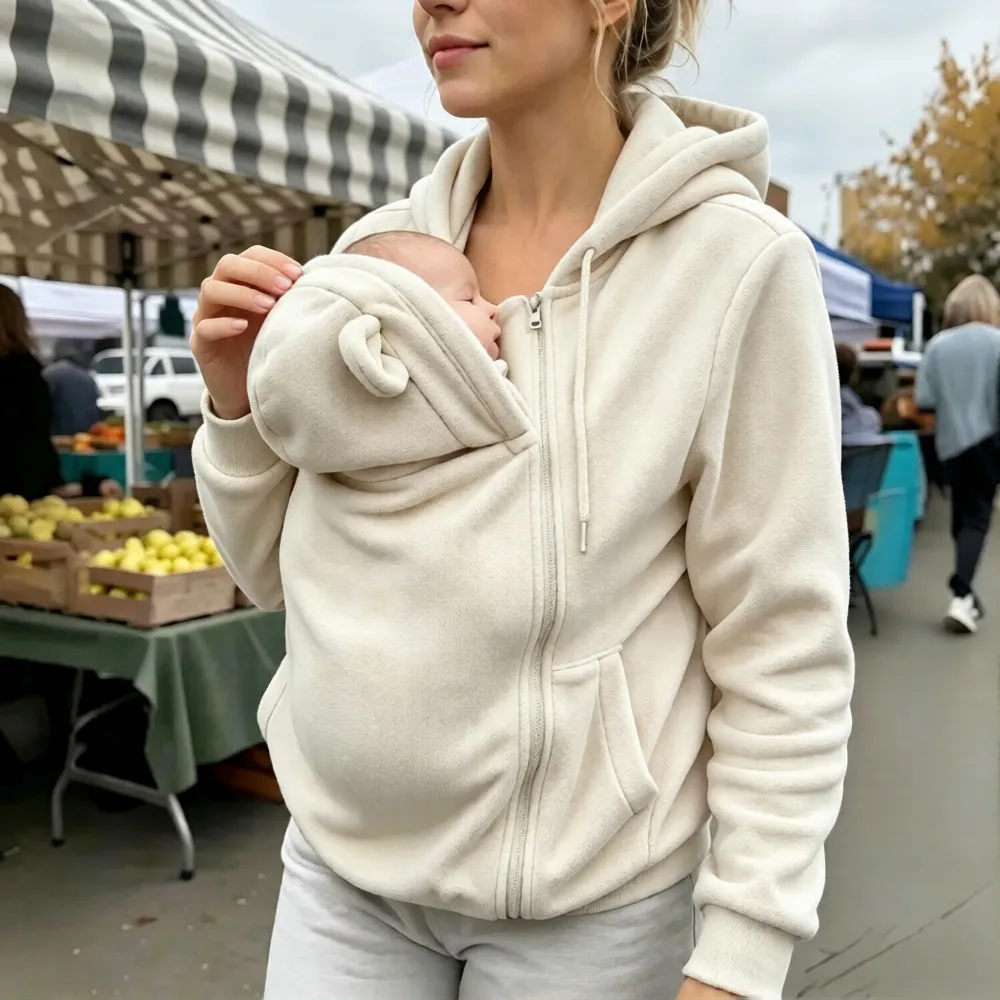 Kangaroo Mom Hoodie Loose Zip-Up Hooded Sweatshirt Mom Babywearing Warm Jacket