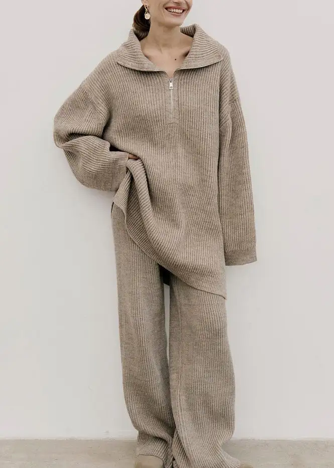 European And American Style Grey Sweaters And Pants Knit Set Fall