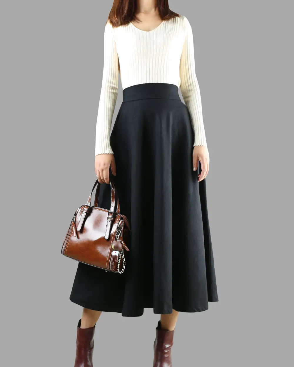 Casual Pleated Wool A Line Maxi Skirt