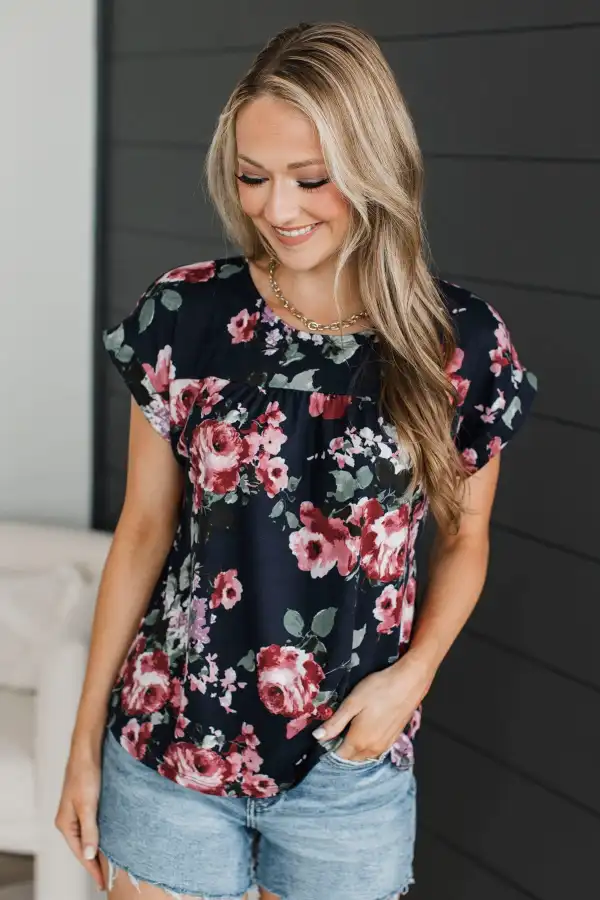 The Moment You Smiled Floral Top- Dark Navy & Mauve