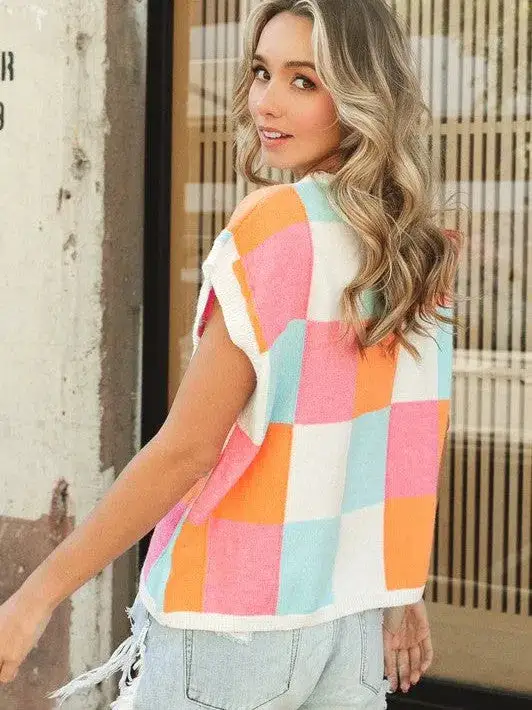 Pastel Dreams Checkered Sleeveless Sweater Top