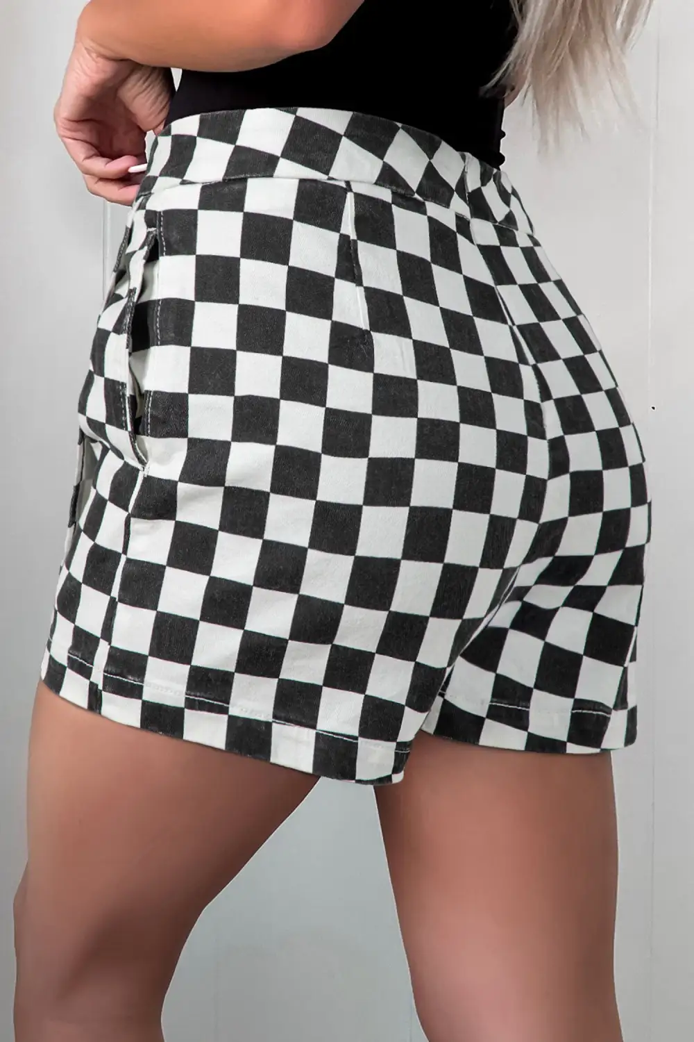Checkered Print Overlap Denim Shorts