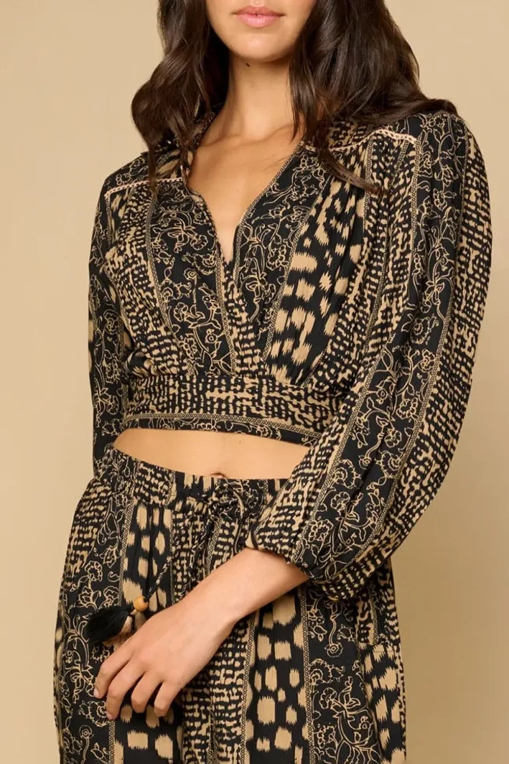 Brown And Black Geometric Print Crop Top