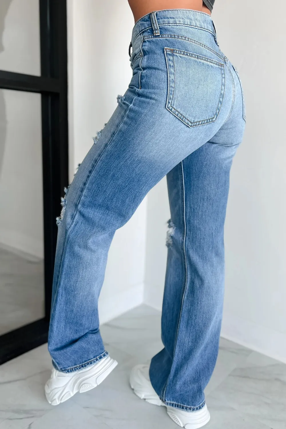 Mid-Rise Distressed Sneak Peek Straight Leg Jeans