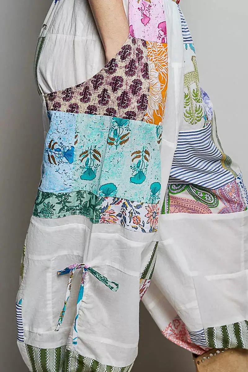 Everyday Printed Patchwork Wide Leg Pants with Adjustable Side Drawstring