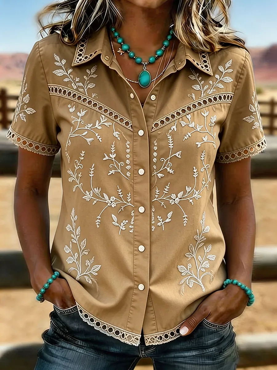 Women's Ombre Turquoise Floral Embroidered Western Button-Up Shirt