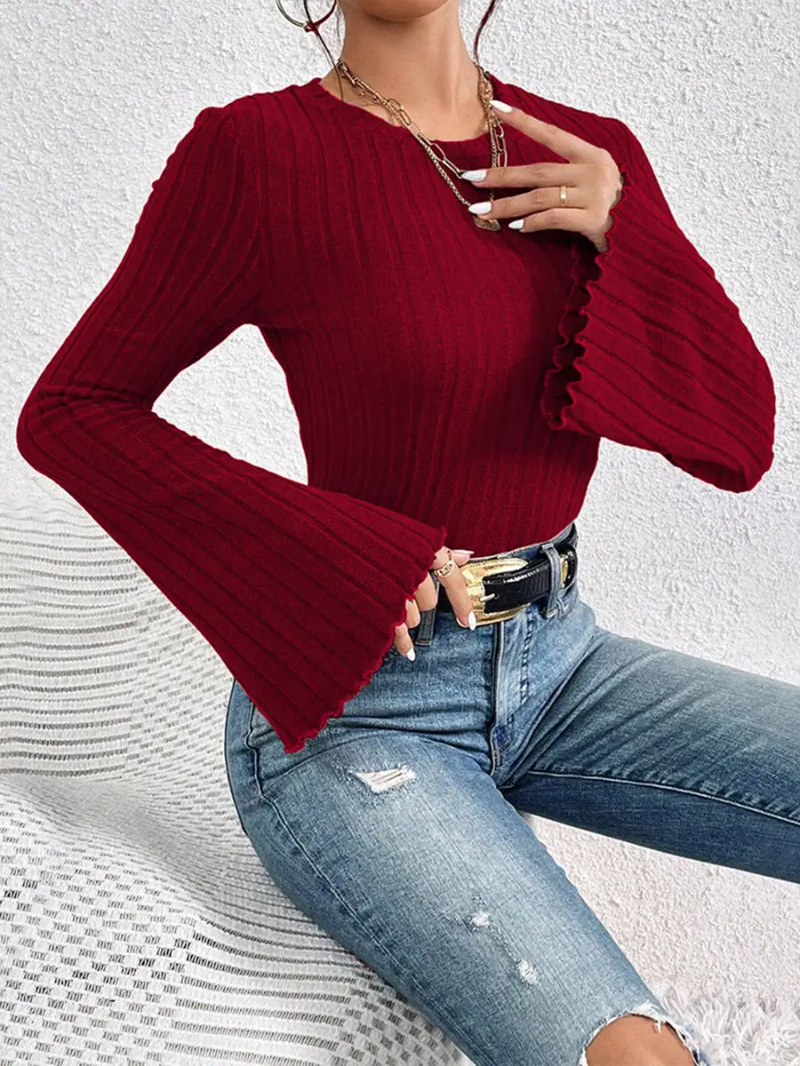 Flared Sleeve Long Sleeve Ribbed Knit Panel Detail Round Neck T-Shirt