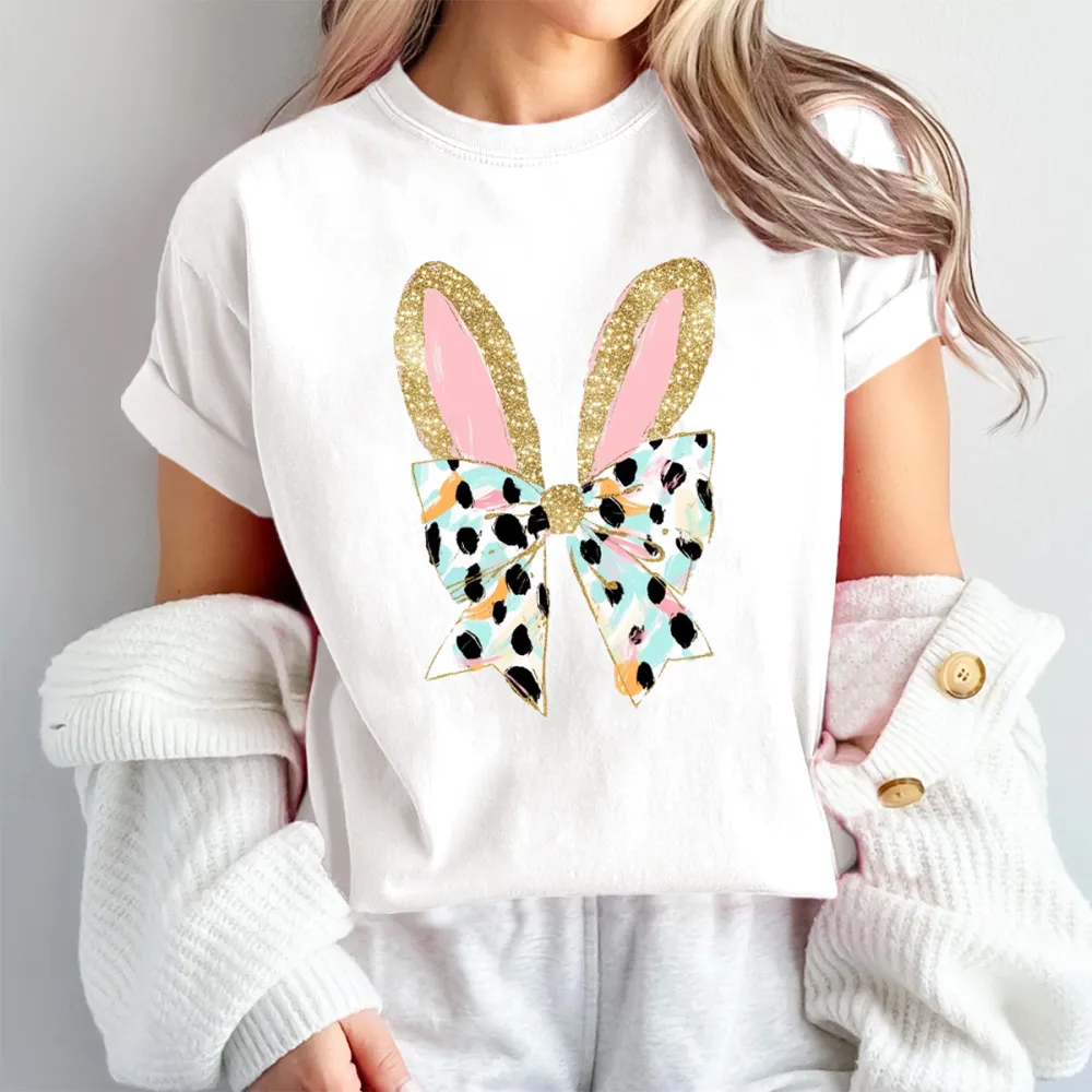 Shiny Leopard Bow Bunny Ears Printed Round Neck Short Sleeve T-Shirt