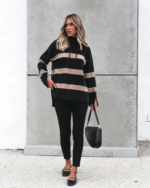 Muse By Magnolia Black and Taupe Striped Hooded Sweater