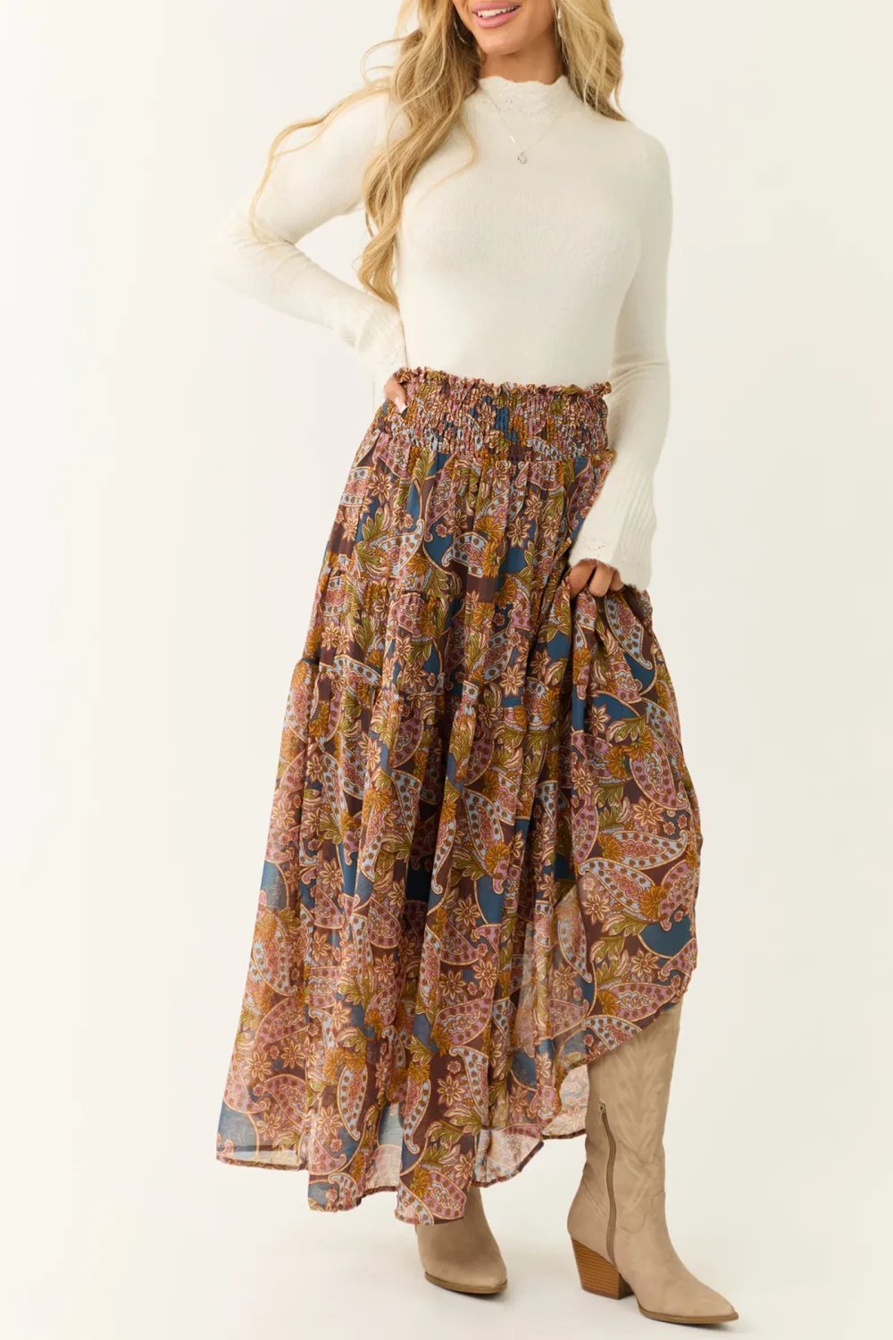 Steel Blue Abstract Floral Print Maxi Skirt