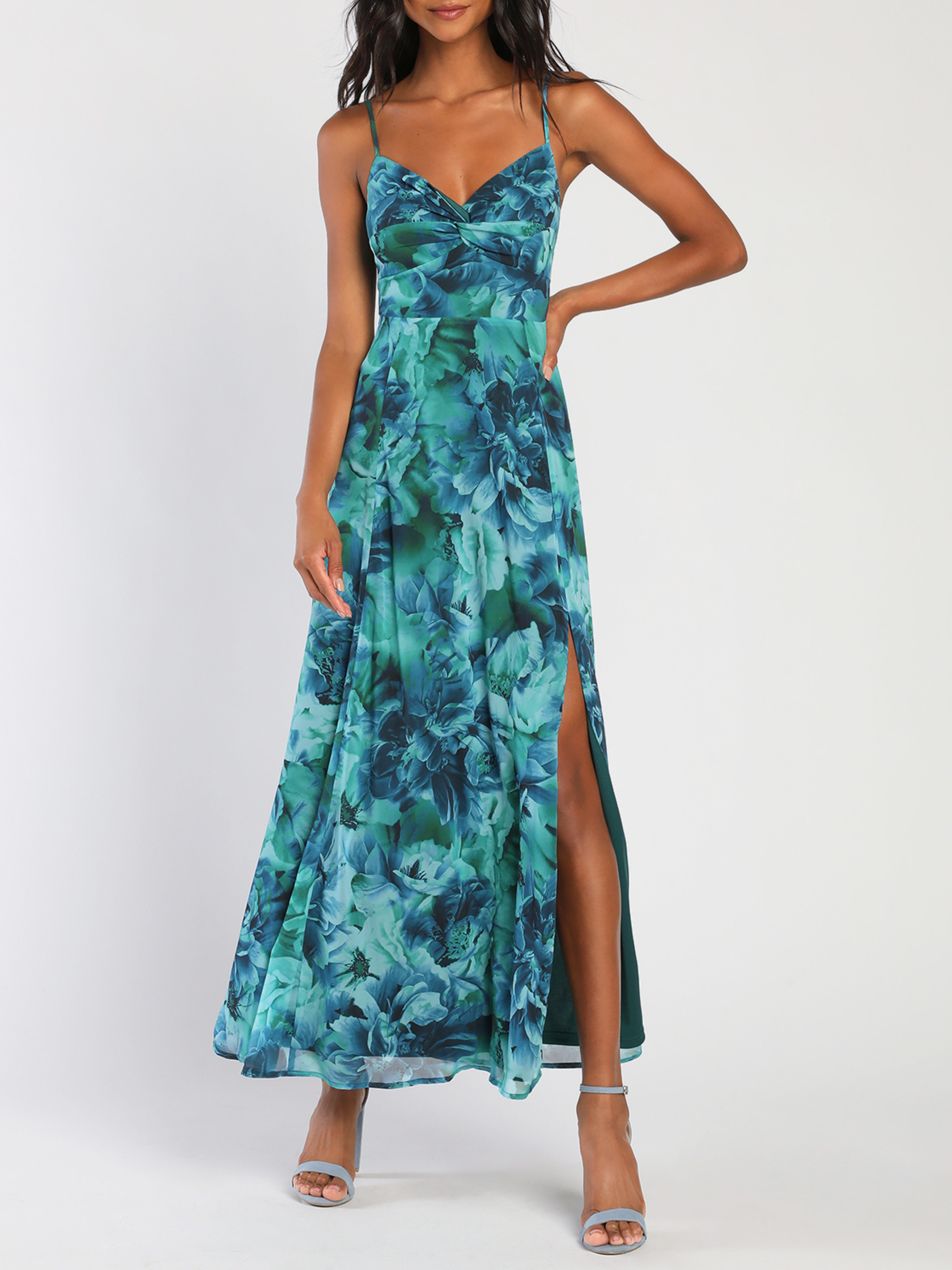 Beautiful Soul Teal Green Floral Print Twist-Front Maxi Dress