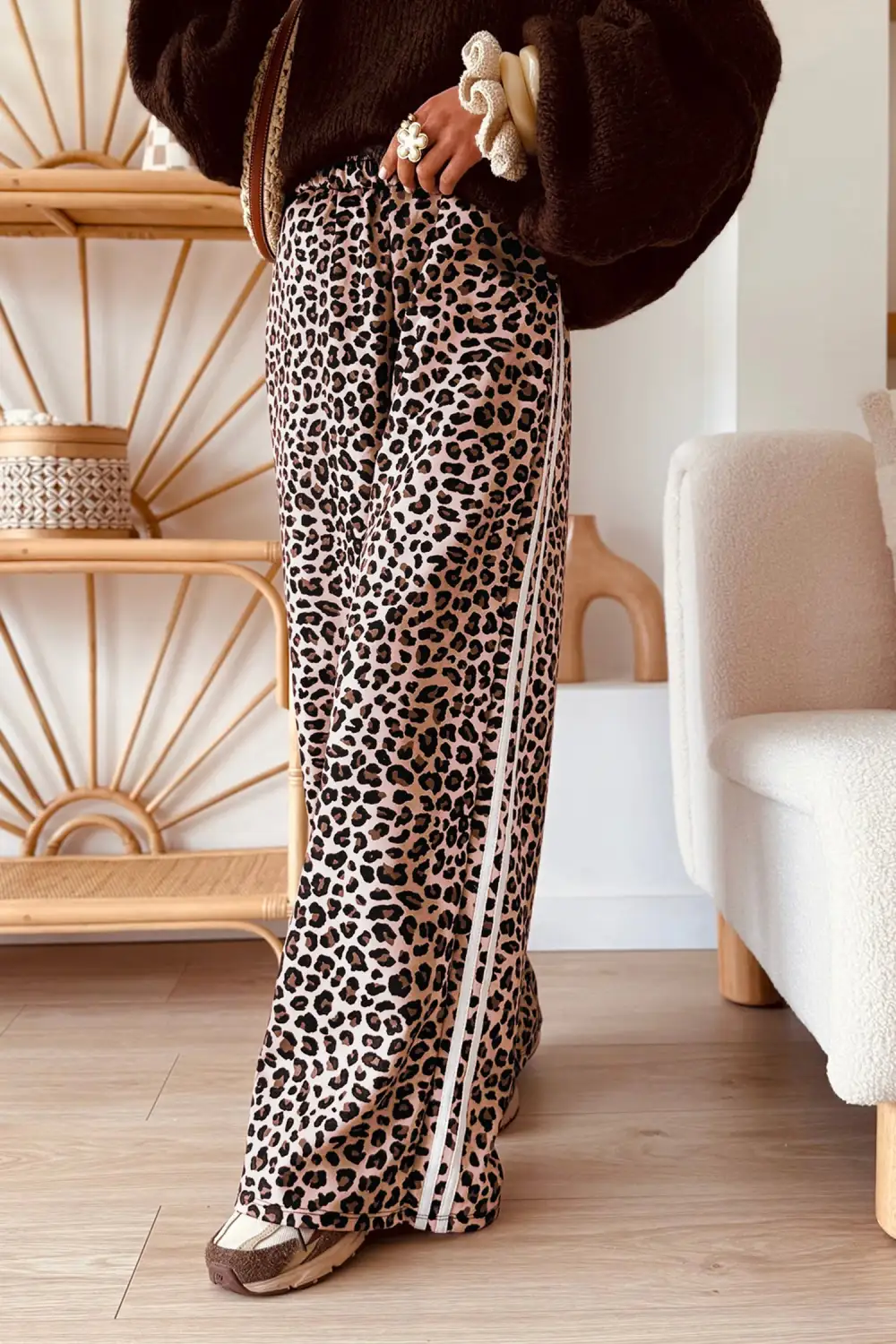 Refined Leopard Print Side Striped Detail Casual Wide Leg Pants
