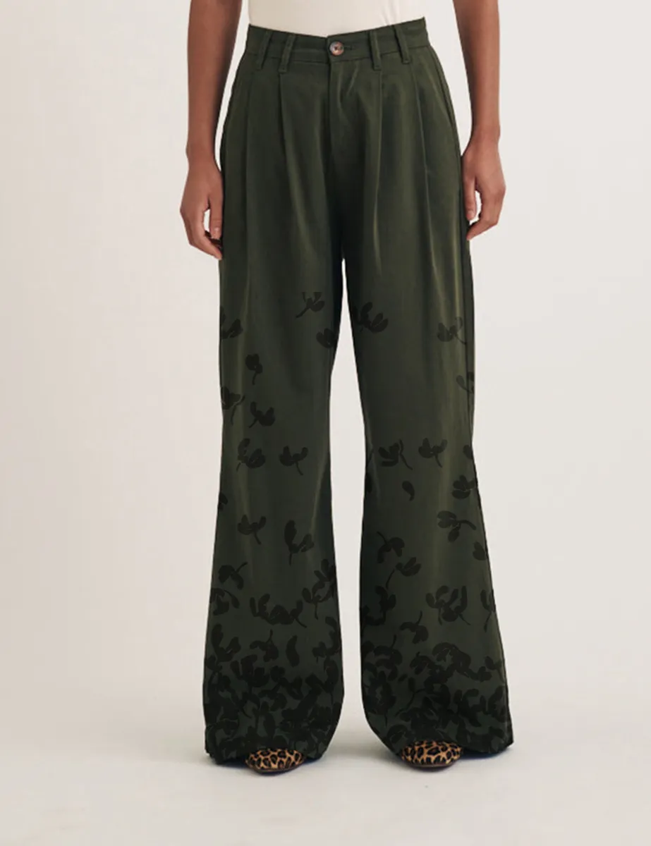 Khaki Twill Pleated Wide Leg Ava Trousers