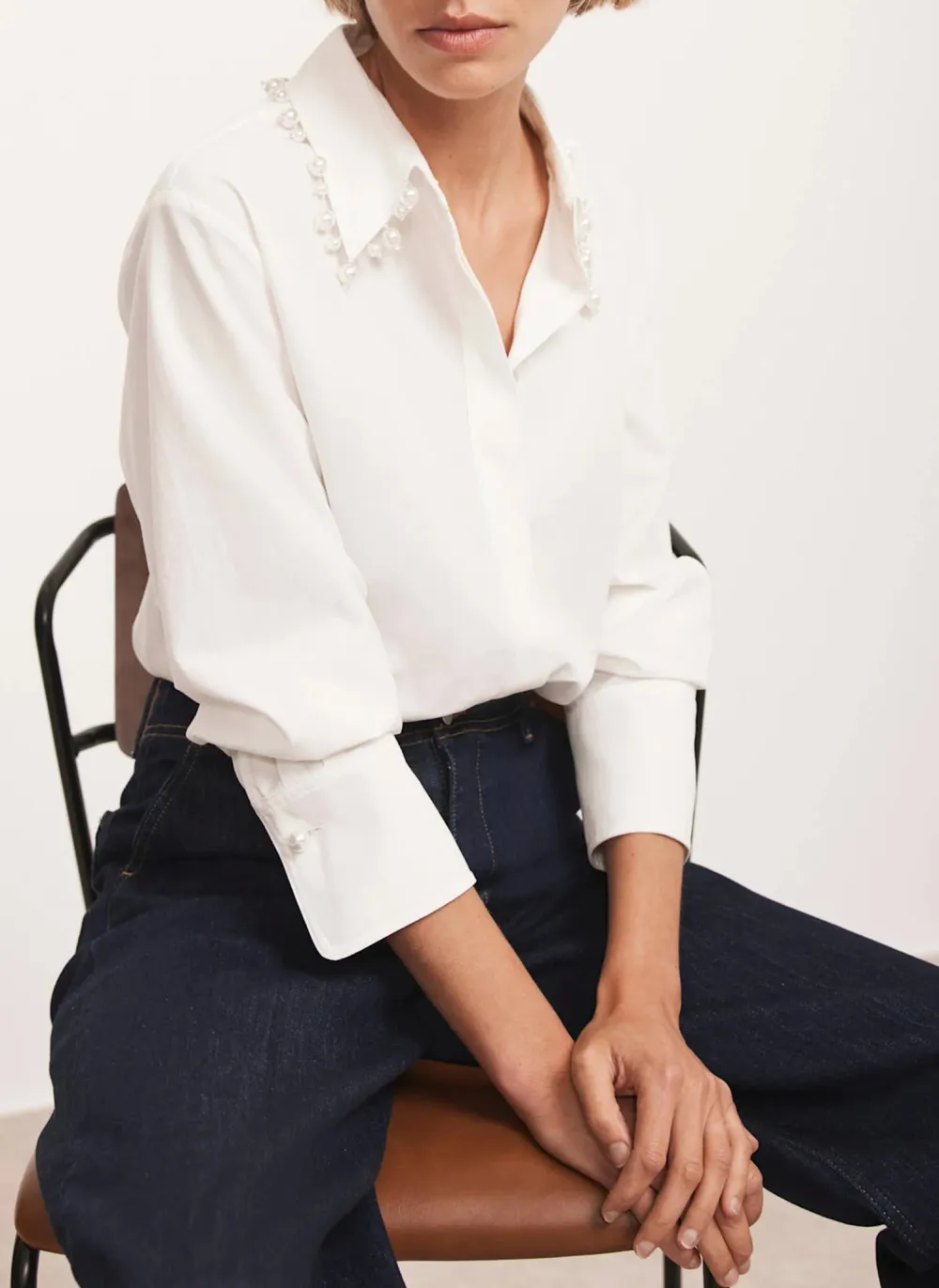 Casual Style Cotton Blend Pearl Collar Shirt