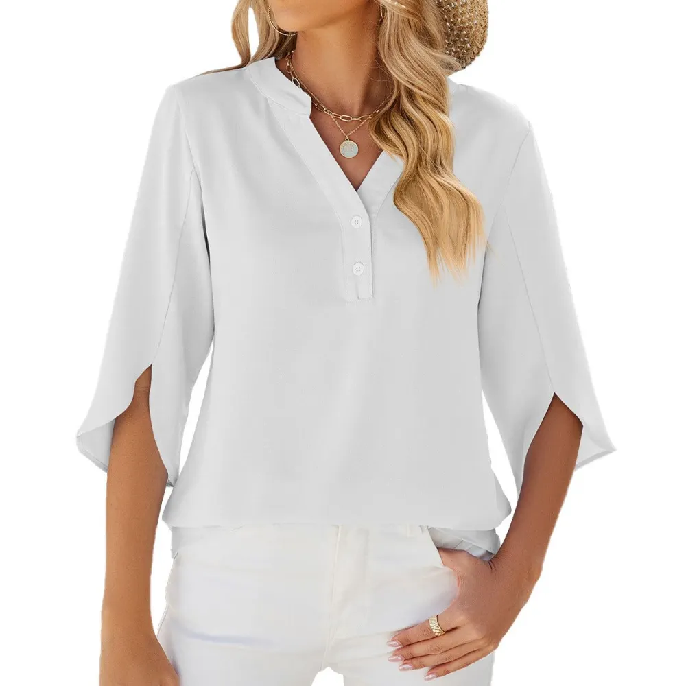 Button V-Neck Chiffon Blouse