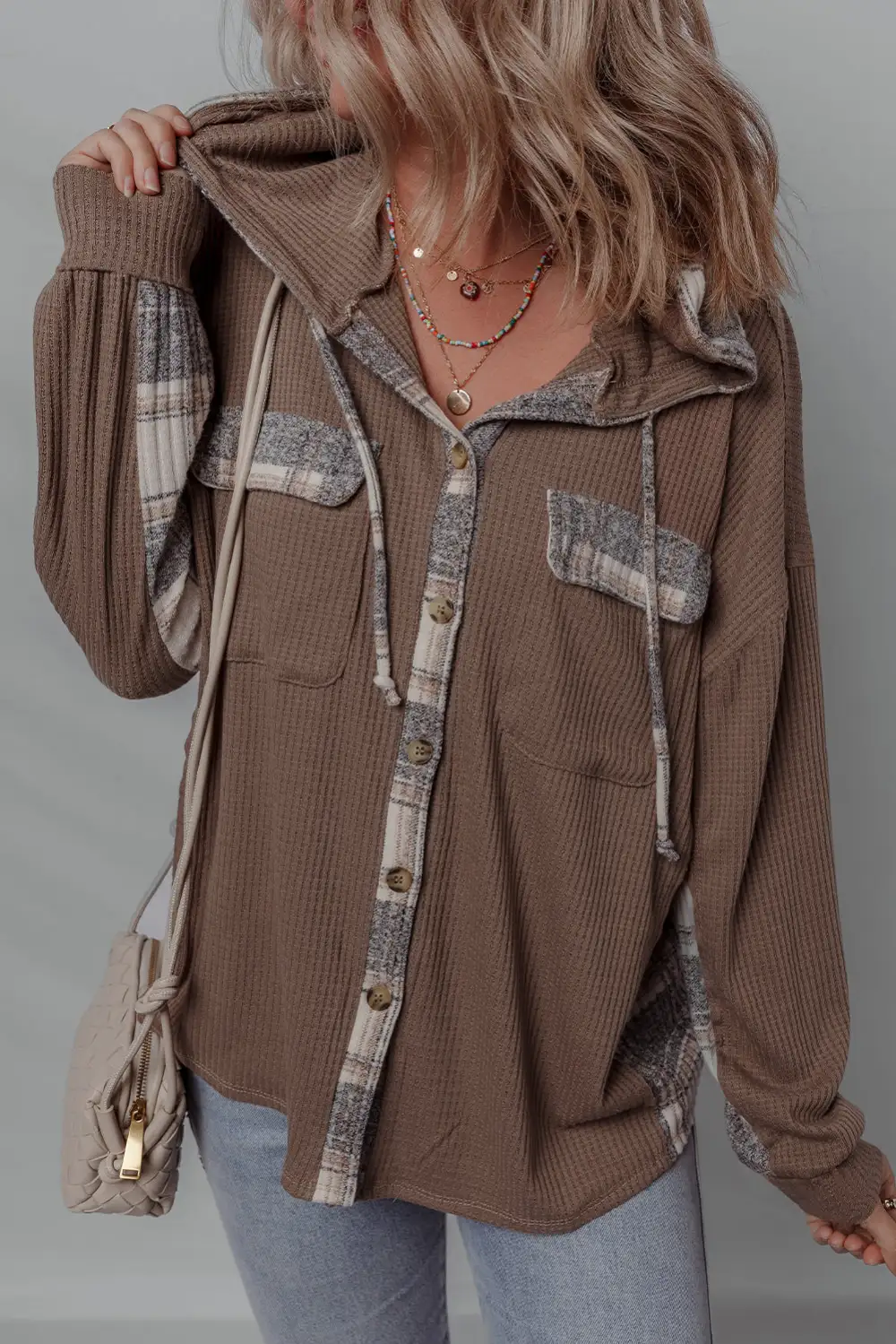 Plaid Patchwork Button Down Drawstring Hooded Shirt Jacket