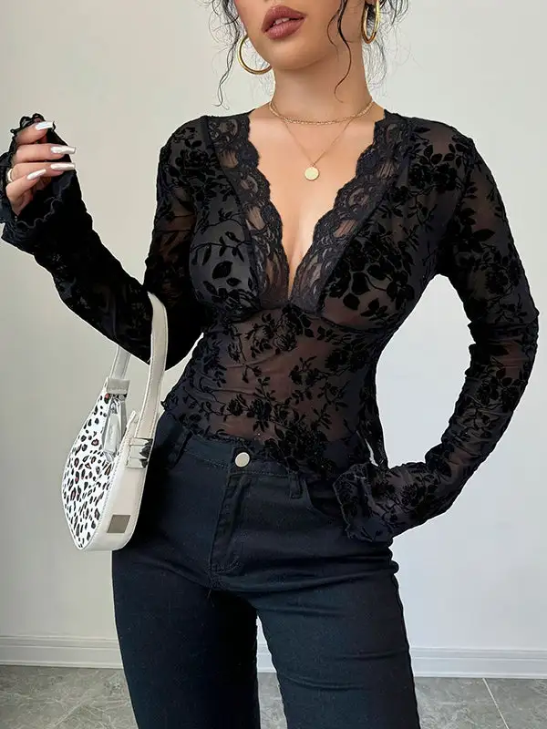 Flared Sleeve Long Sleeve Deep V-Neck T-Shirt