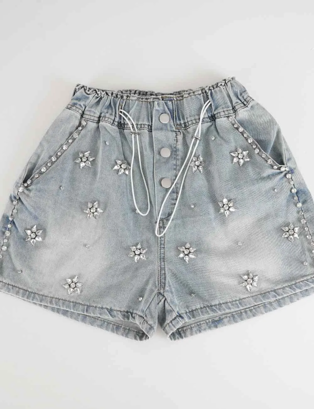 Rhinestone Star Drawstring Waist Wide Leg Denim Shorts