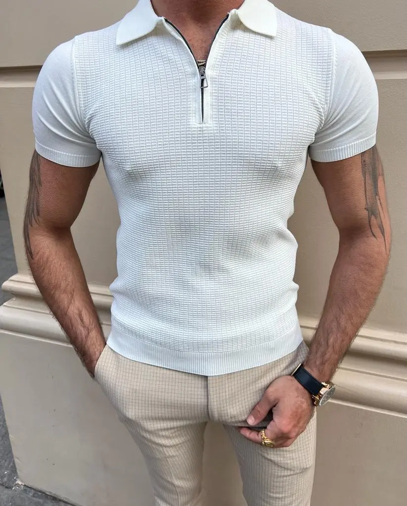 Zip Detailed Polo Neck T-shirt -  White