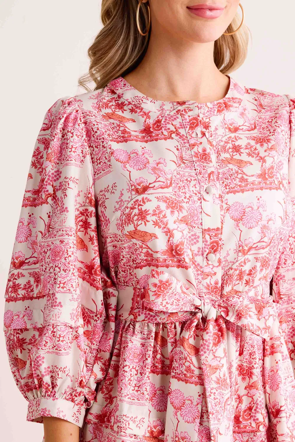 Pink Floral Print Puff Sleeve Tie-Waist Dress