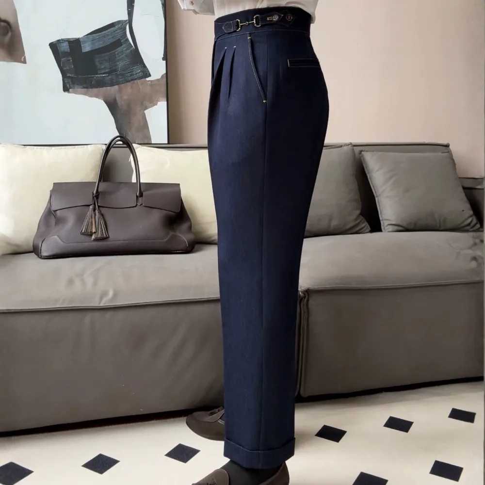 Double Pleat Denim Trousers
