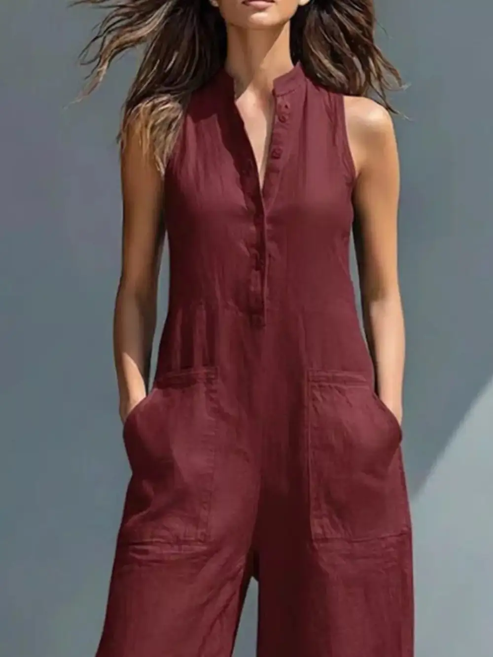 Button Front Sleeveless Jumpsuit