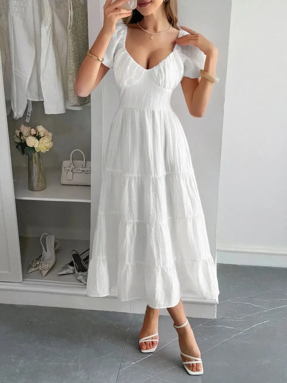 V Neck Short Sleeve Midi Dress