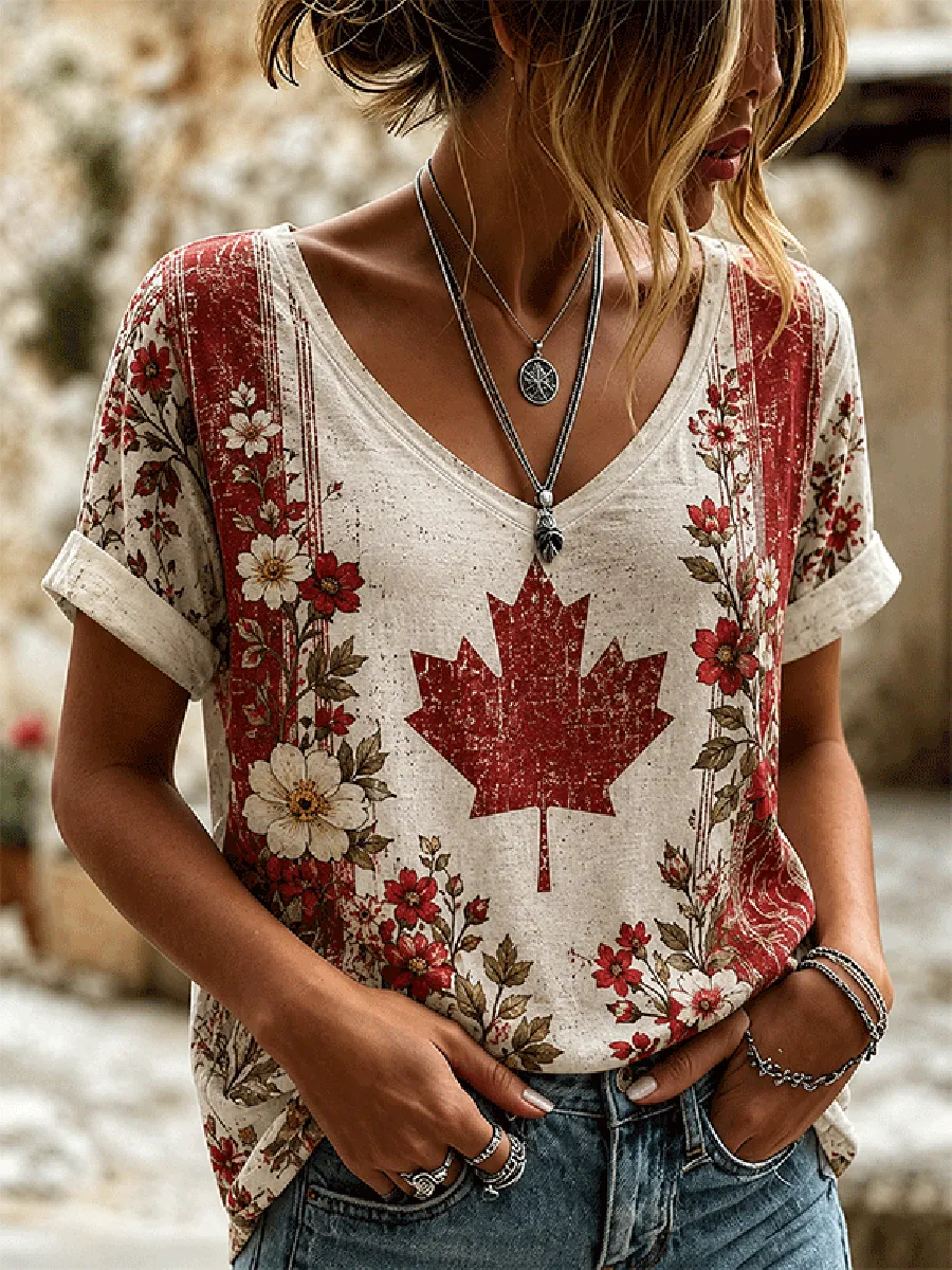 Women's Canada Flag Maple Leaf Printed V-Neck Short Sleeve Top