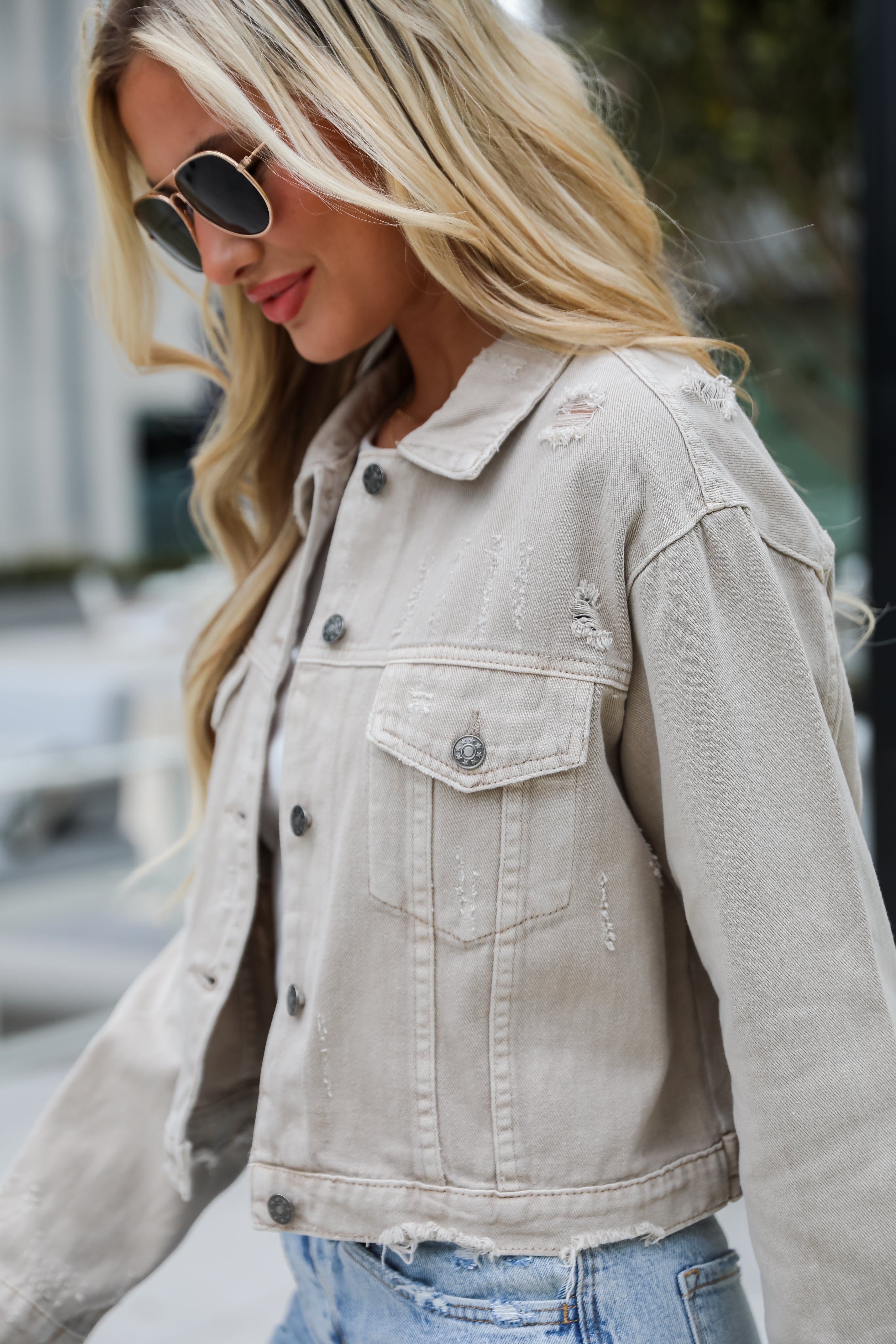 FINAL SALE - Definite Icon Taupe Distressed Cropped Denim Jacket