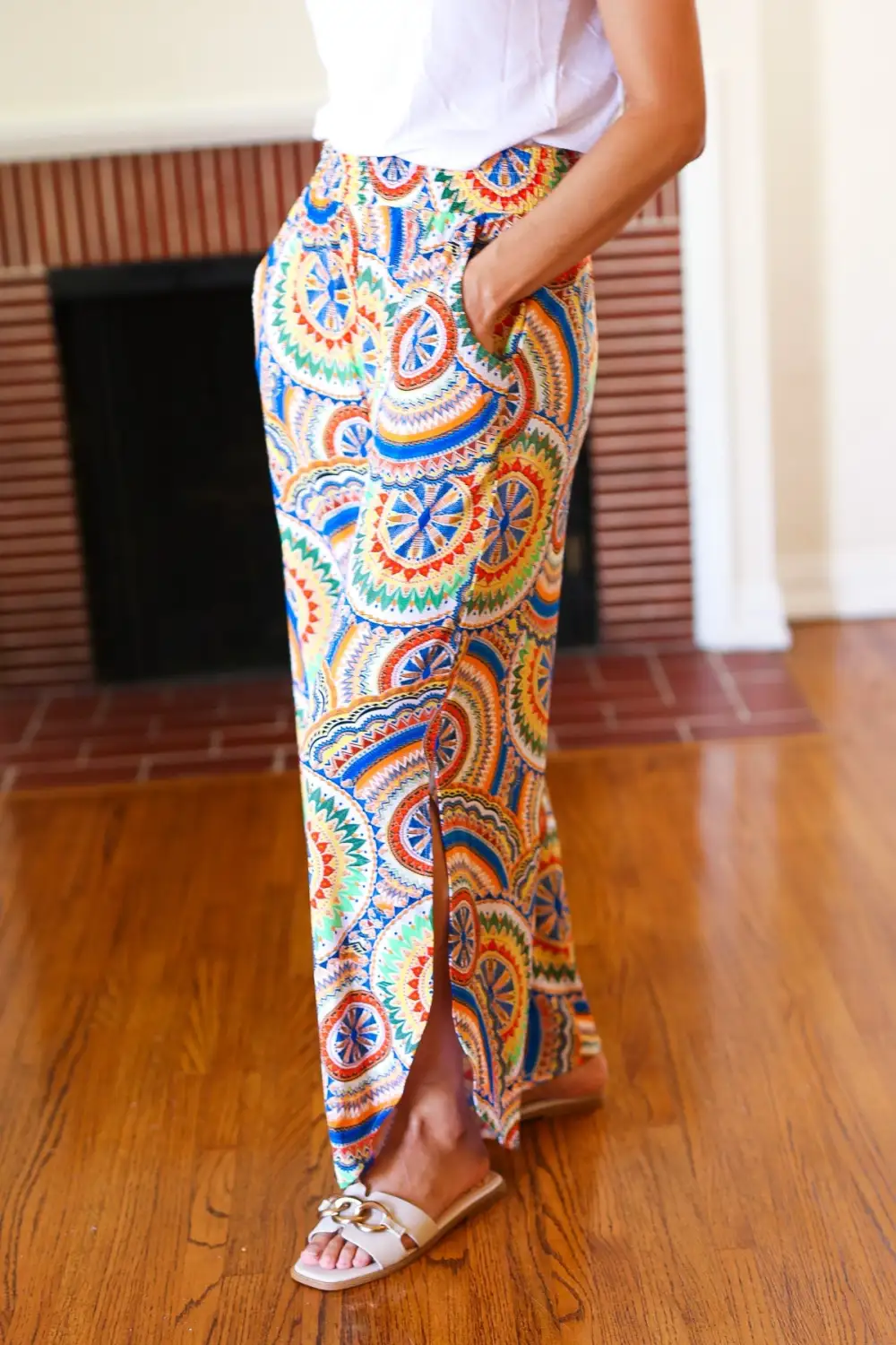 Mandala Smocked Waist Side Slit Palazzo Pants
