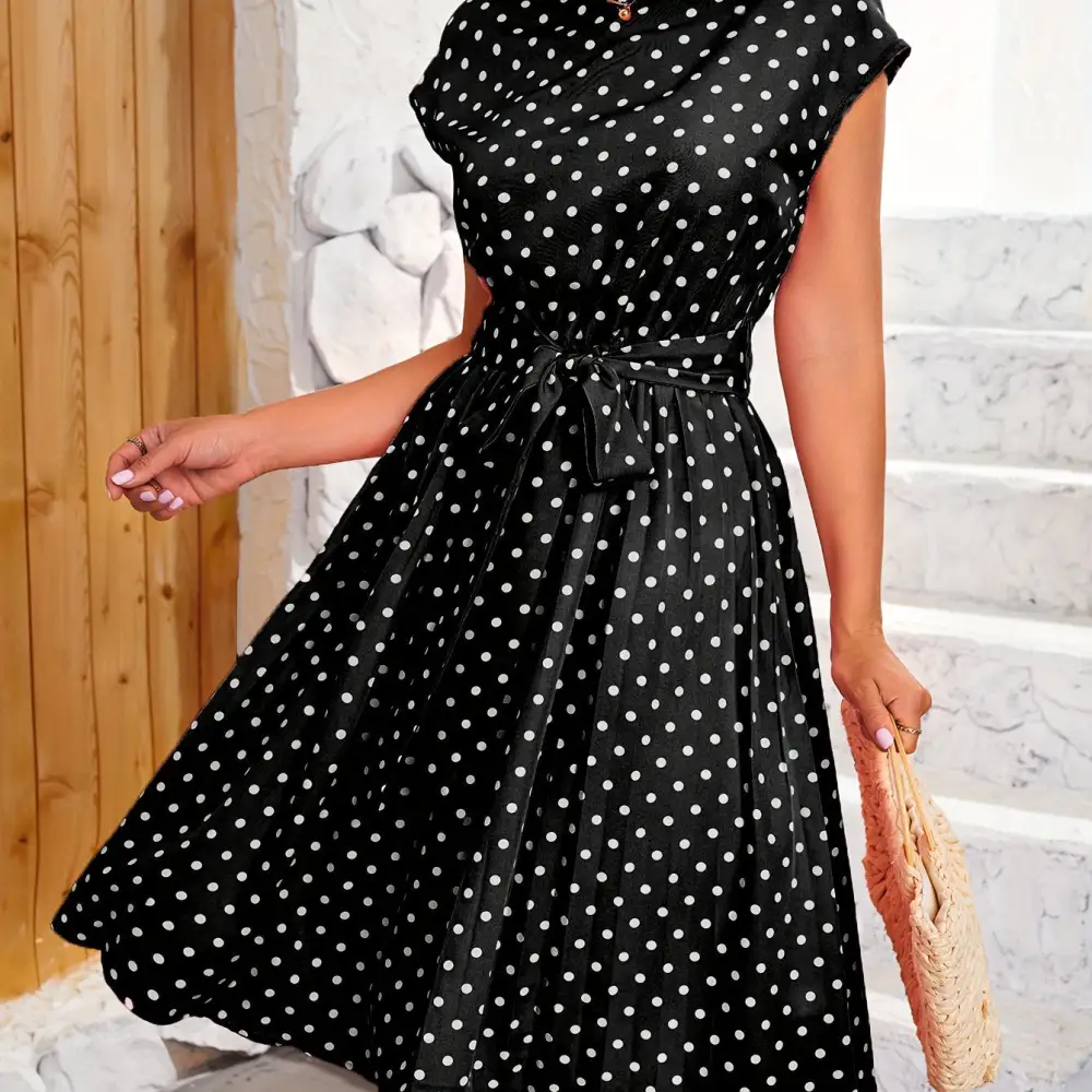 Polka Dot Pleated Dress: Spring Style (Casual, Short Sleeves)