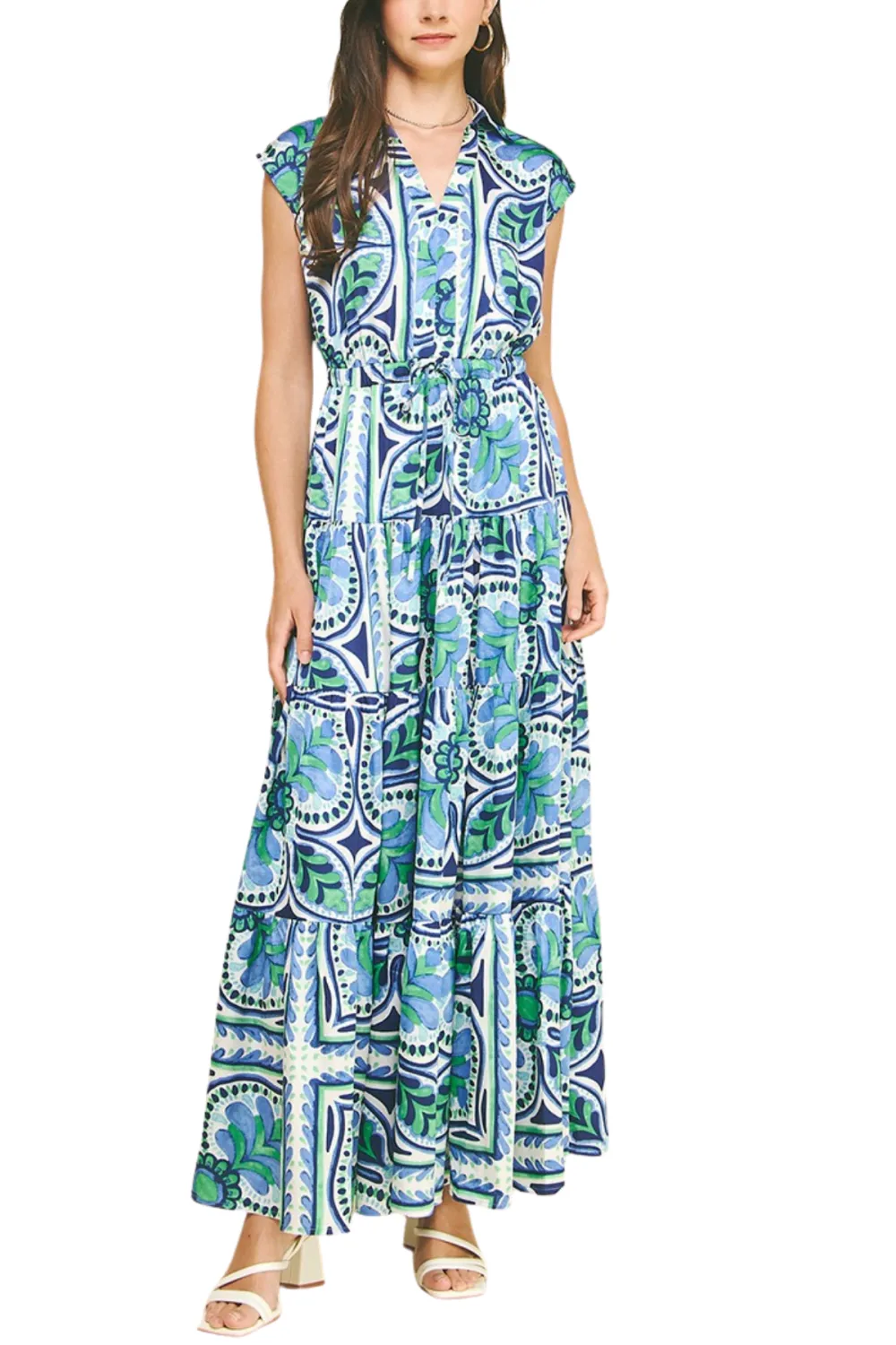 Drawstring Sleeveless Tiered Midi Dress