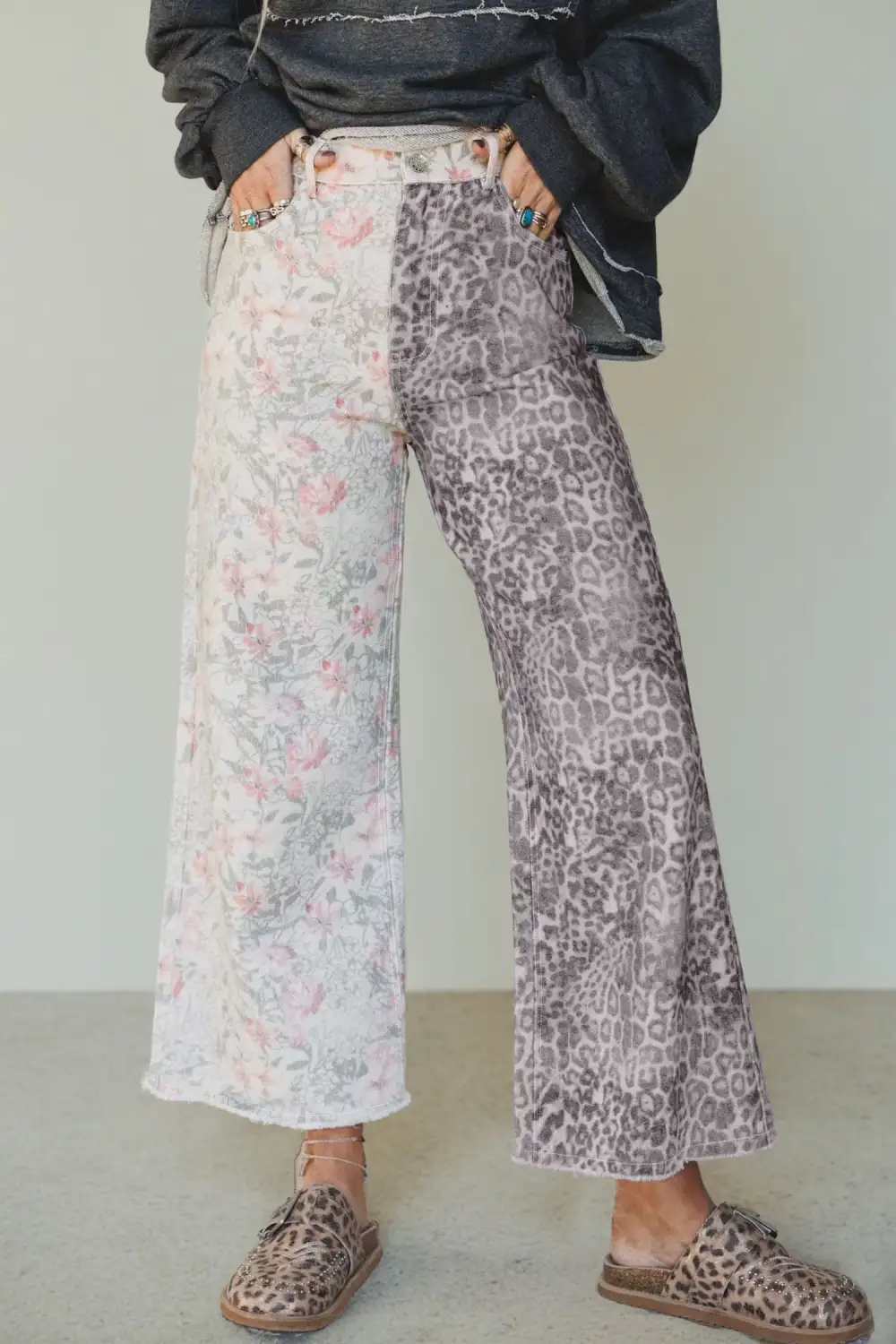 Raw Hem Leopard Floral Multicolour Retro Jeans