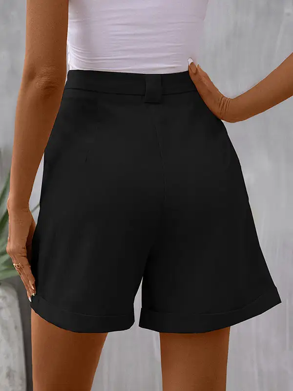 Hoog Getailleerde Losse Geplooide Zakken Effen Kleur Shorts