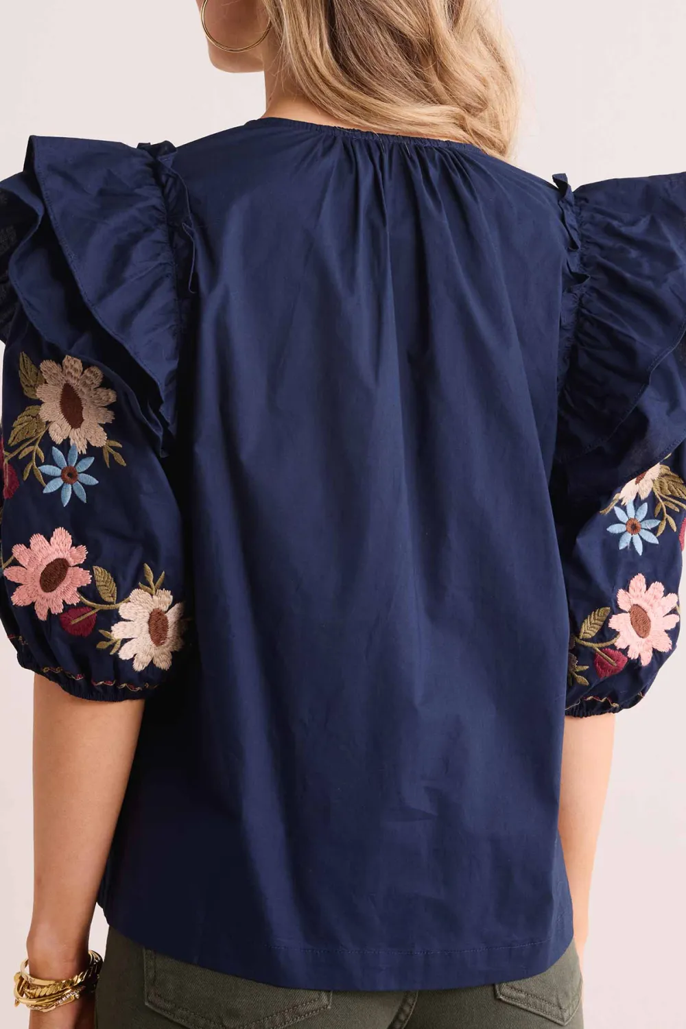 Navy Floral Embroidered Ruffled Sleeve Tie-Front Top