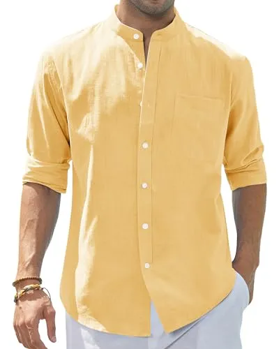Men's Cotton Linen Long Sleeve Shirts Casual Button Down Banded Collar Shirt Beach Summer Tops with Pocket
