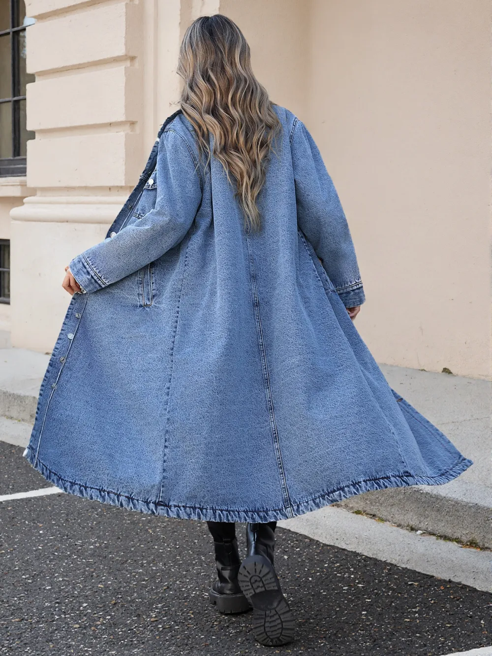 Single-Breasted Long Denim Jacket
