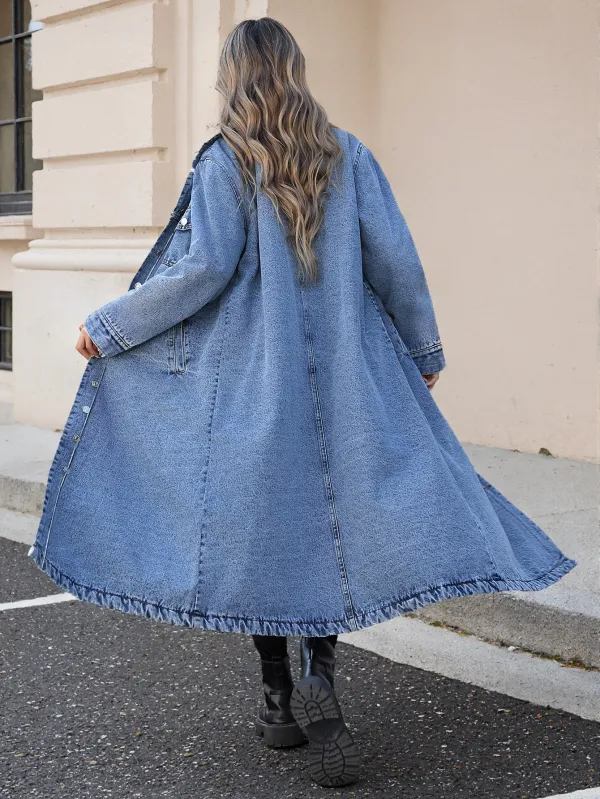 Single-Breasted Long Denim Jacket